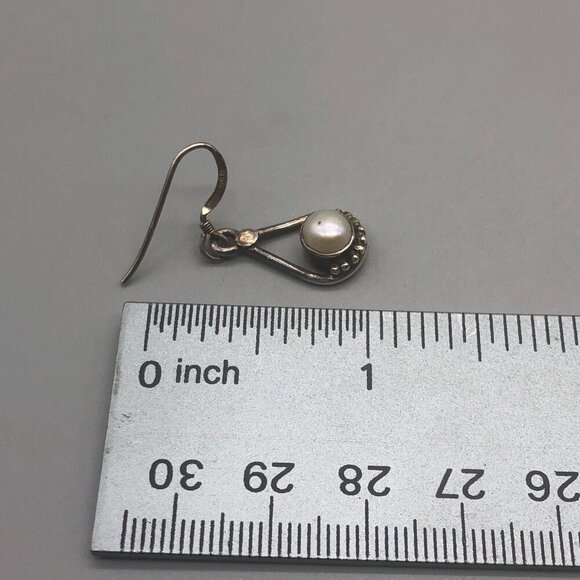 Sterling Silver Earrings Faux Pearl Teardrop Dangle Pierced Dainty 1" - Picture 7 of 8